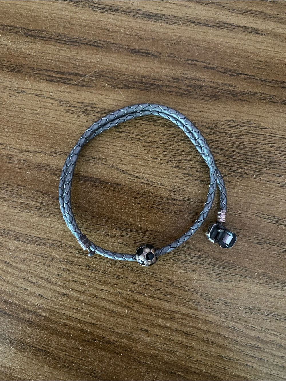 Pandora Gray Adjustable Braided Leather Bracelet with Soccer Charm